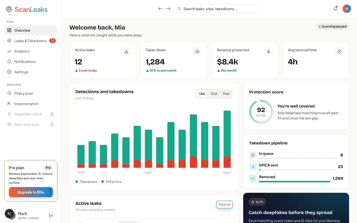 The ScanLeaks dashboard, showing active leaks and the takedown pipeline